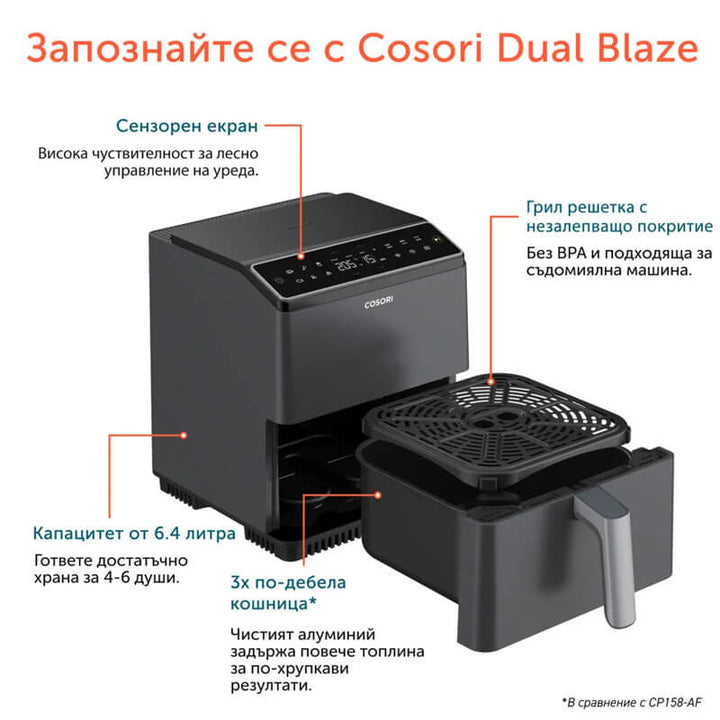 Фритюрник с горещ въздух Cosori Dual Blaze CAF-P681S, 6.4L, Черен